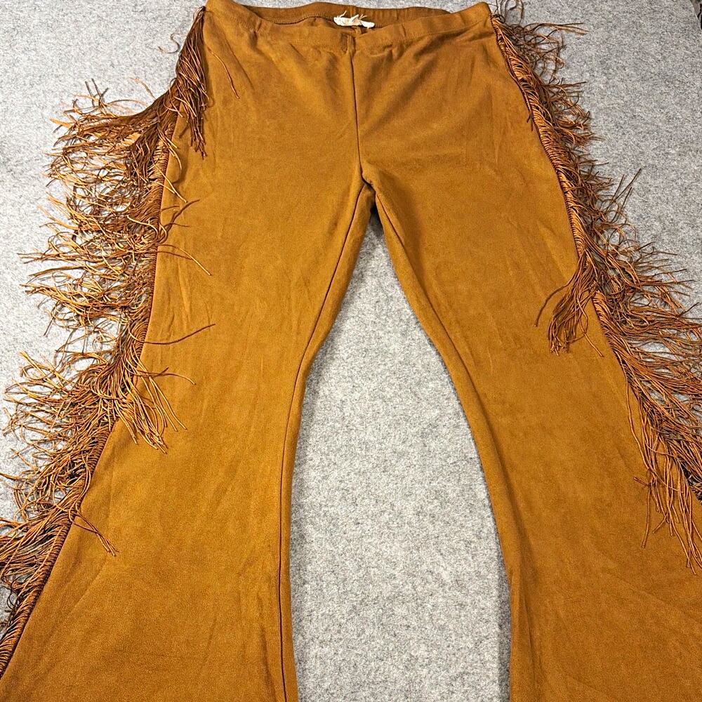 Bear Dance Camel Brown Faux Suede Fringe Flared Pants Women's L cowgirl